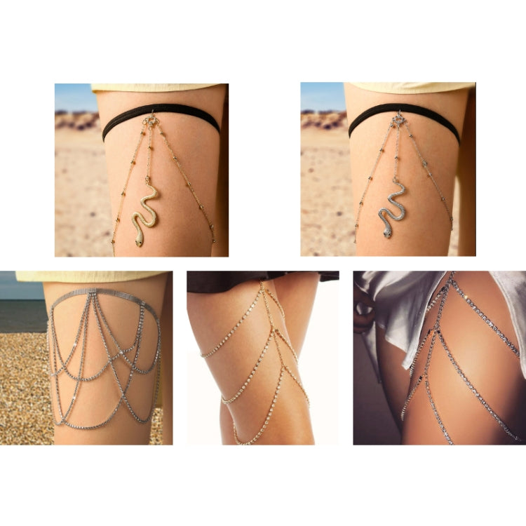 Layered thigh body chain set with black band and multiple long beaded chain strands