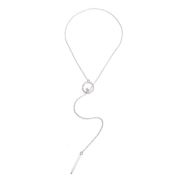 Silver-tone long necklace with round disc pendant and curved chain with bar dangle