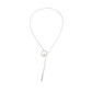Silver-tone long chain necklace with round disc pendant and small hanging bar charm