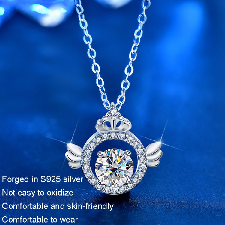 Sterling silver moissanite necklace pendant with crown top, round halo, and wing charms