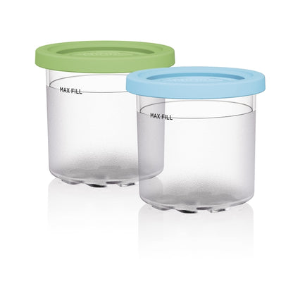 Pair of clear ice cream storage cups with green and blue lids