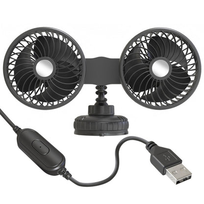 Black double-head suction cup vehicle fan with USB cable and inline power switch
