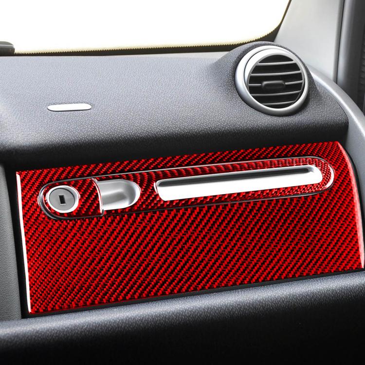 Red carbon fiber glove box sticker set with silver control panel and lock cutout