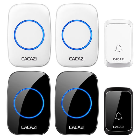 Wireless doorbell set showing white and black transmitters with blue LED rings, CACAZI