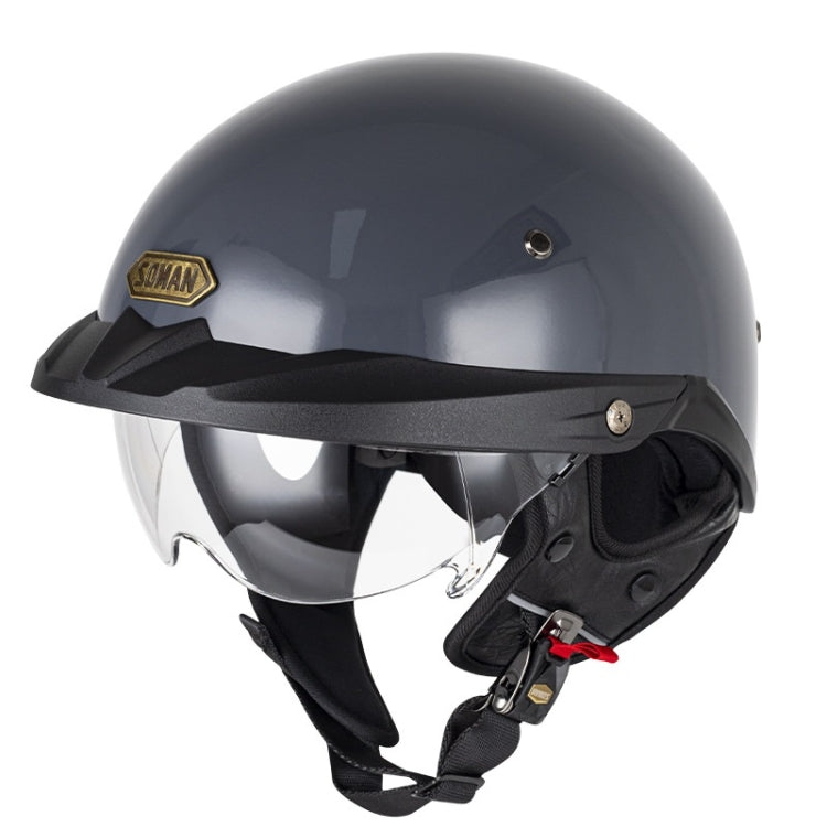 SOMAN motorcycle half helmet, dark gray shell with clear inner visor and chin strap