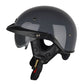 Black half-face motorcycle helmet with clear visor and chin strap