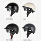 Half-face motorcycle helmet color options with tinted visors and chin straps