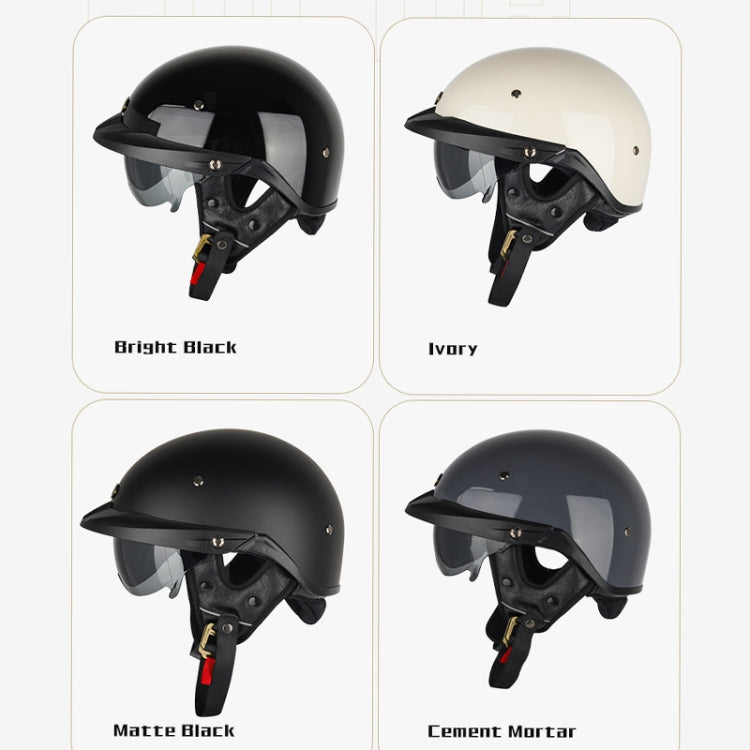 Half-face motorcycle helmet color options with tinted visors and chin straps