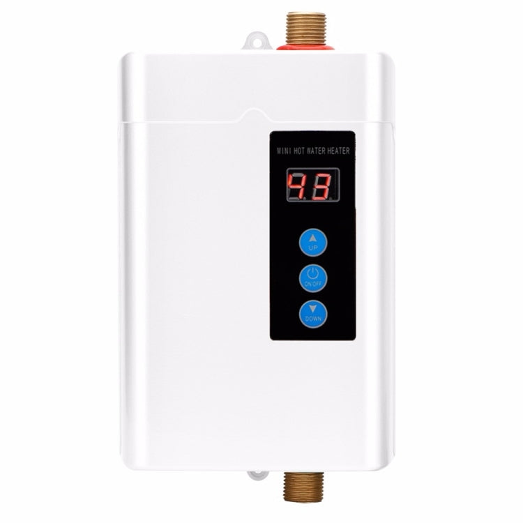 White electric water heater with digital display and control buttons, brass water inlets