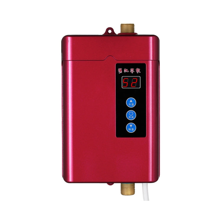 Red electric water heater with digital display and control buttons, brass water inlets
