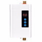 White electric water heater with digital display and control buttons, brass water inlets