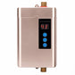 Gold electric water heater with digital display and control buttons, brass water inlets