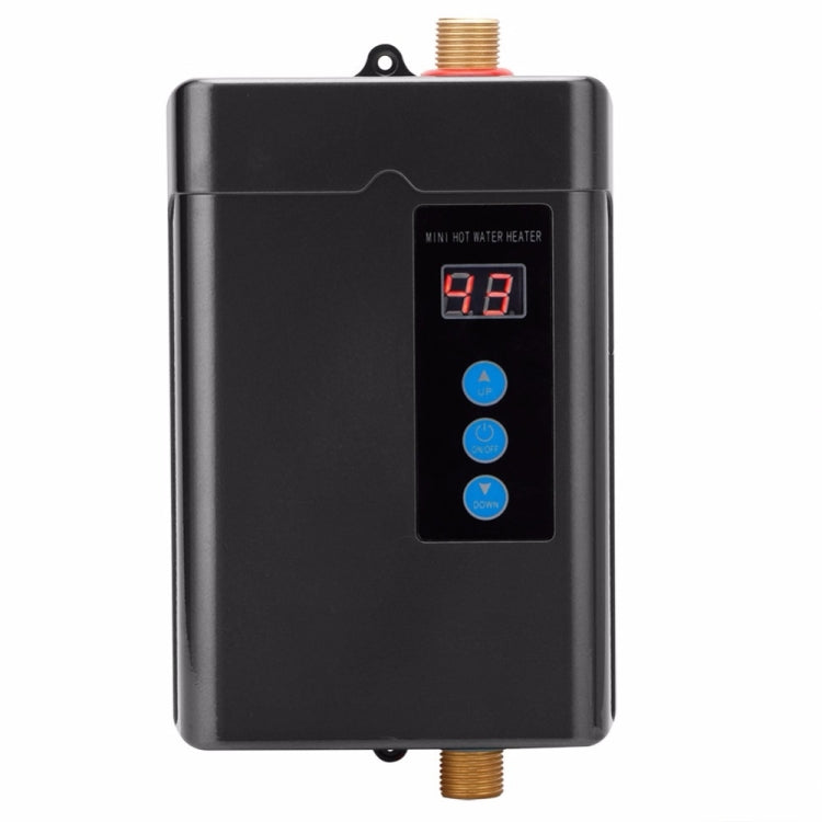 Black electric water heater with digital display and control buttons, brass water inlets