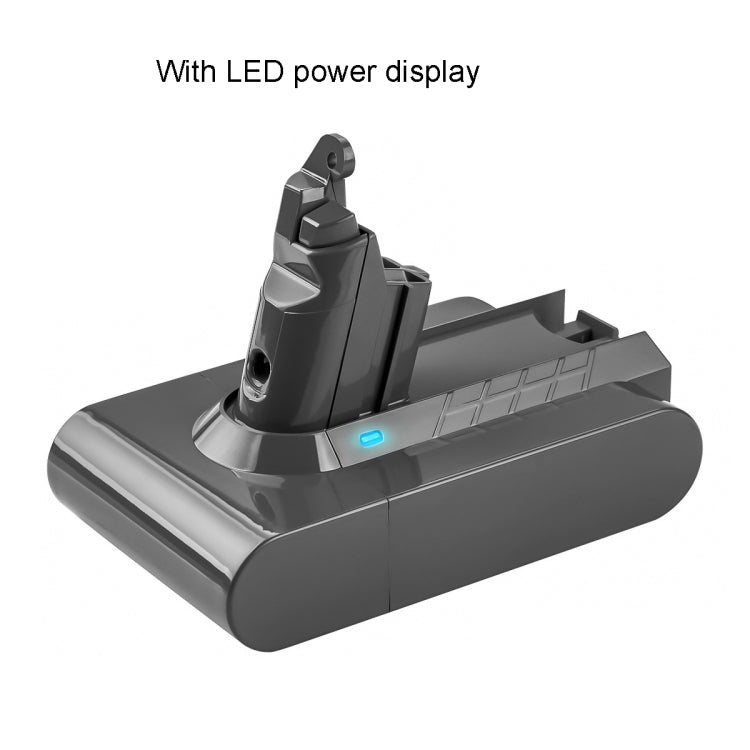 Dyson V6 vacuum battery pack with blue LED power indicator on dark gray body