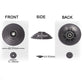 V-ball wheel size diagram with front, side, and back views and measurements