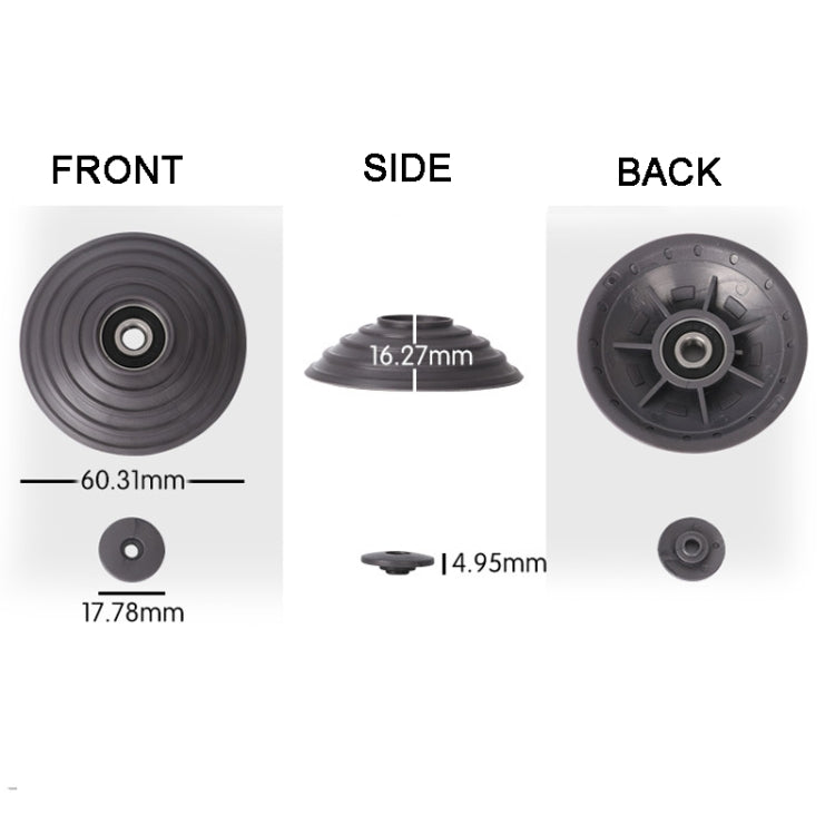 V-ball wheel size diagram with front, side, and back views and measurements