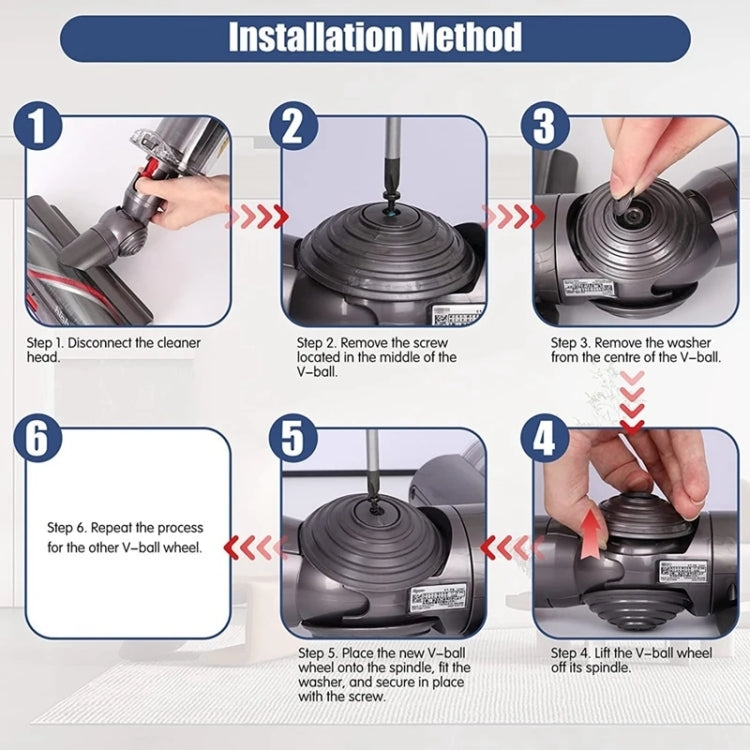 V-ball wheel installation method diagram showing screw and wheel placement