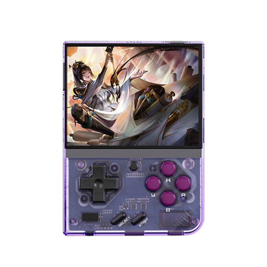 Miyoo Mini Plus handheld game console with transparent purple shell