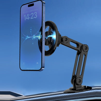 Black metal magnetic car phone bracket with foldable arm and circular magnetic mount