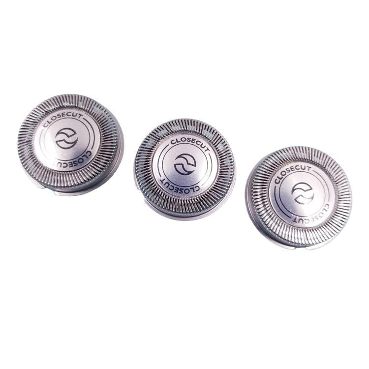 Three shaver blade foil discs with ribbed edges and CLOSECUT logo