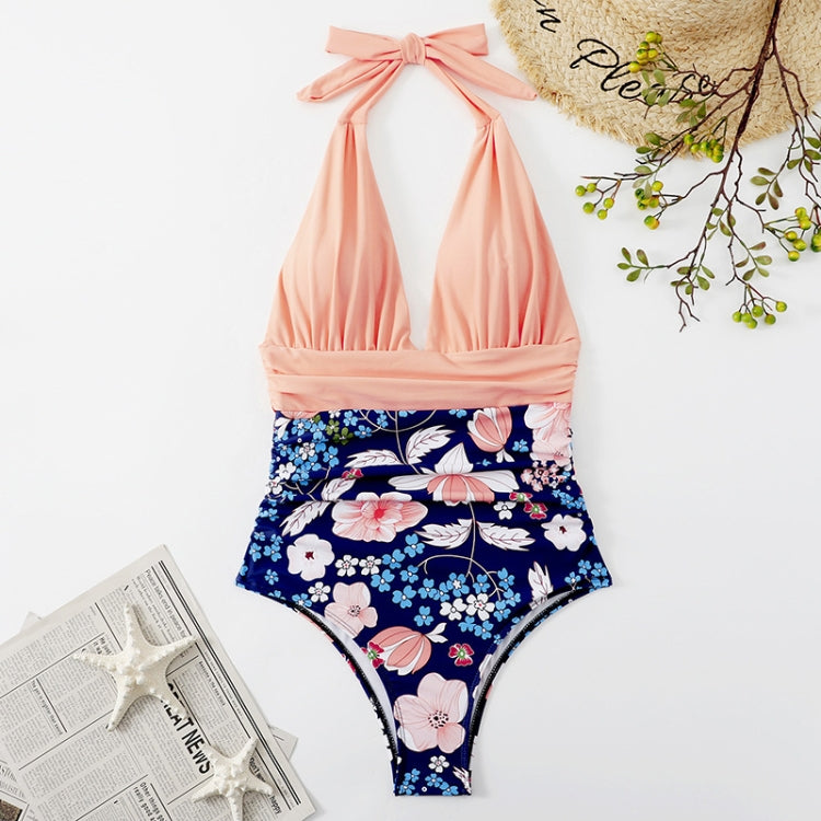 Summer One-piece Backless Lace-Up Ladies Swimsuit Floral-print Halter Bikini, S, M, L, XL