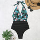 Summer One-piece Backless Lace-Up Ladies Swimsuit Floral-print Halter Bikini, S, M, L, XL