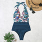 Summer One-piece Backless Lace-Up Ladies Swimsuit Floral-print Halter Bikini, S, M, L, XL