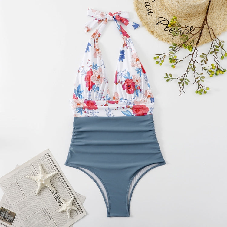 Summer One-piece Backless Lace-Up Ladies Swimsuit Floral-print Halter Bikini, S, M, L, XL