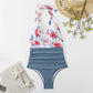 Summer One-piece Backless Lace-Up Ladies Swimsuit Floral-print Halter Bikini, S, M, L, XL