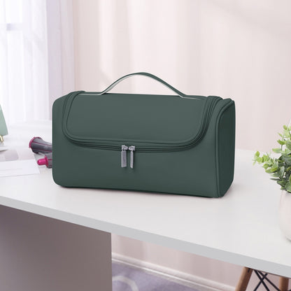 Dark green zippered hair dryer and curling accessory storage bag with carry handle
