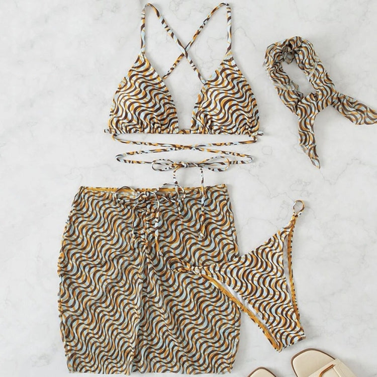 Three-piece mesh swimsuit set with ripple print bikini top, matching skirt and bottoms