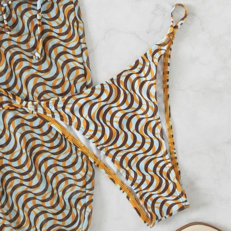 Ripple print mesh bikini bottom with thin straps and gold-trim edge