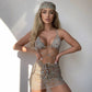 Three-piece mesh swimsuit front view, ripple print triangle bikini with lace-up ties