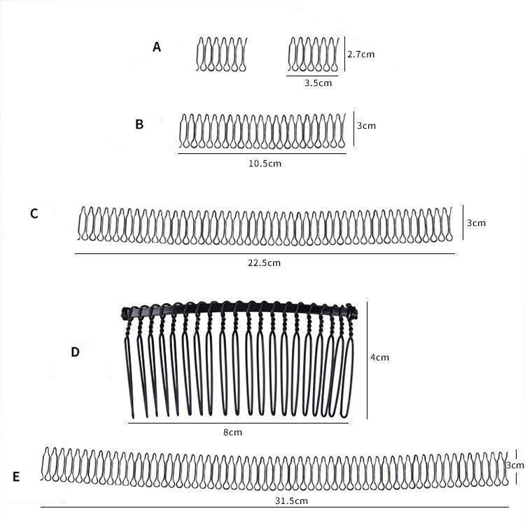 Hair pin comb headband sizing guide with five rows labeled A–E