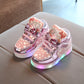 Kids flashing light sneakers, pink star print, lace-up front, glowing LED edge soles
