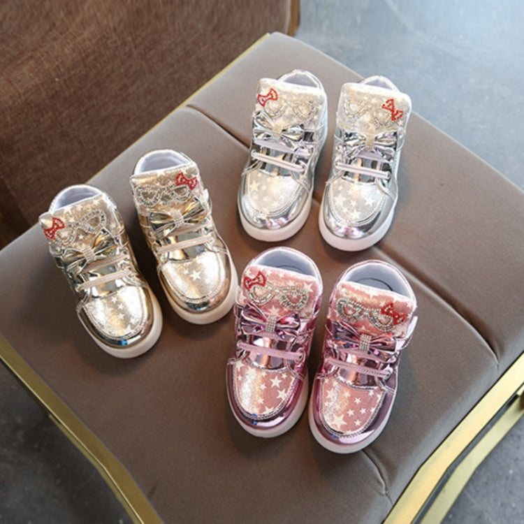 Kids light-up sneakers with glitter upper, star graphics, hook-and-loop straps, flashing LEDs