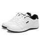 Men's leather casual sneakers, white pair with black heel patch and rubber sole