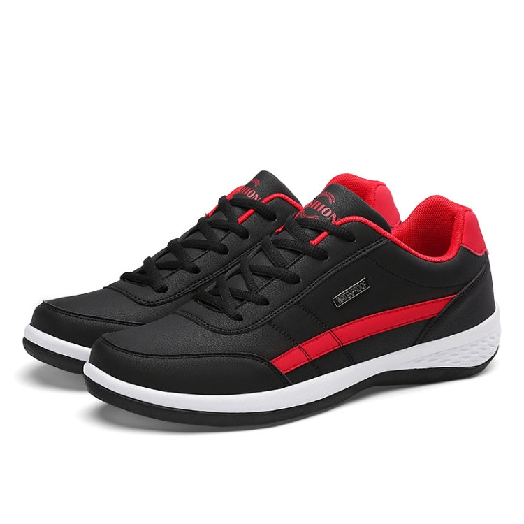 Men's leather casual sneakers, black lace-ups with red side stripe and branding tab