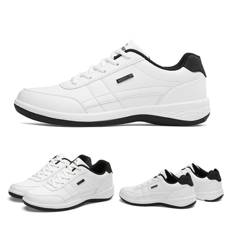 Men's leather casual sneakers, white multi-view set with black collar