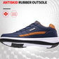 Men's navy leather casual sneakers, tan stripe, lace-up, white rubber sole