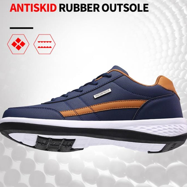 Men's navy leather casual sneakers, tan stripe, lace-up, white rubber sole