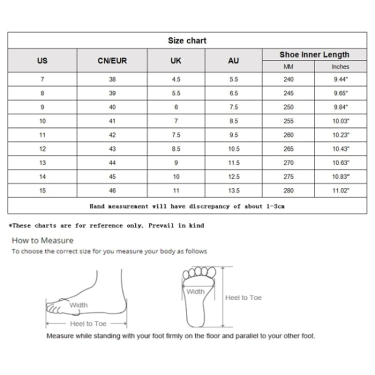 Size chart table with US, EU, UK, AU, and shoe inner length measurements