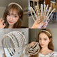 Pearl beaded headband on a model, featuring multiple curved bands