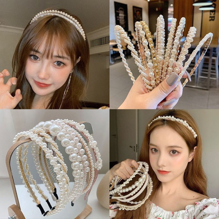 Pearl beaded headband on a model, featuring multiple curved bands
