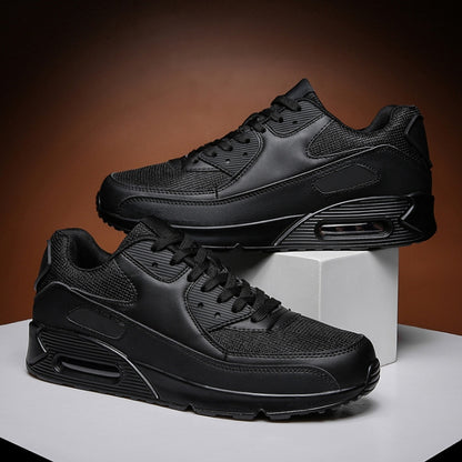 Men's air-cushion sports sneakers, black mesh lace-up, side air pod detail