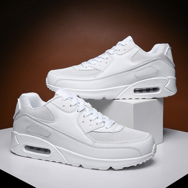White air-cushion sneakers, lace-up athletic shoes with side panels and cushioned sole