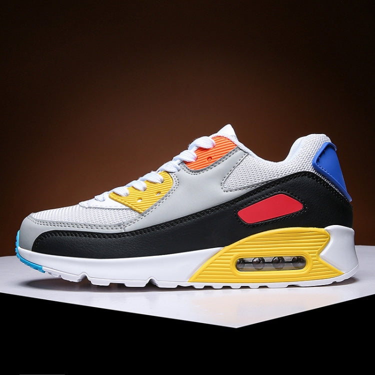 Multicolor air-cushion sneakers with white base, red accent panel, and lace-up front