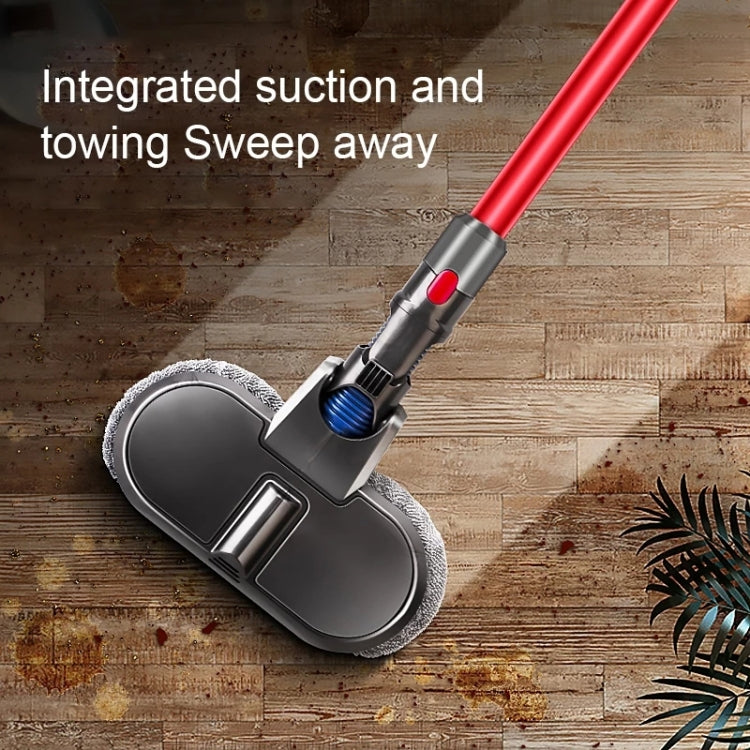 Dyson Slim electric mop head with gray pads attached to black base on hardwood floor