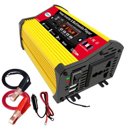 Yellow power inverter multimedia player with AC outlets and control panel, front view.