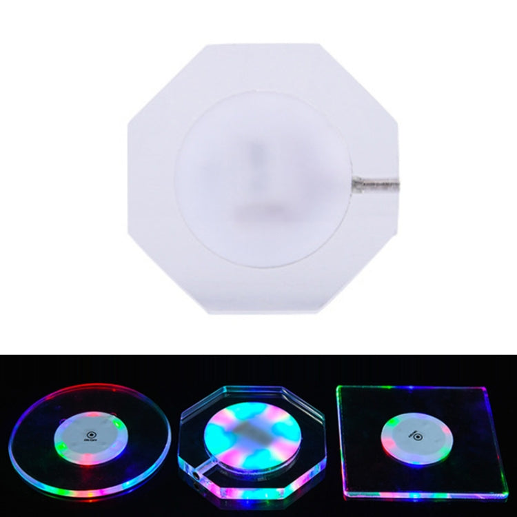 USB LED light-up acrylic coaster, octagonal, transparent base with white glow and cable